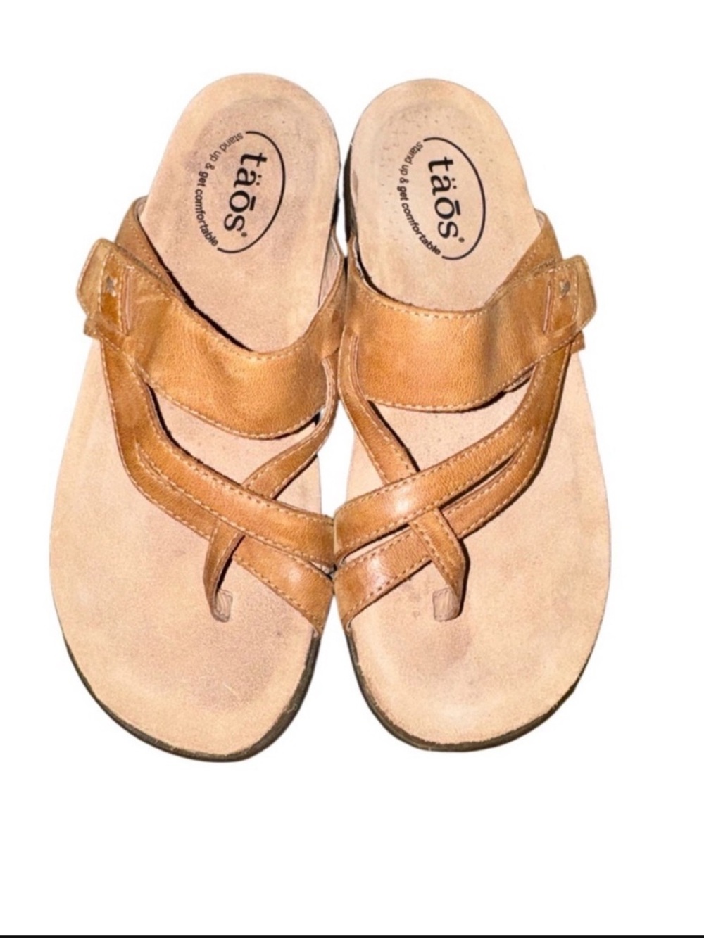 Taos Perfect Tan Leather Crisscross Slide Sandals 7